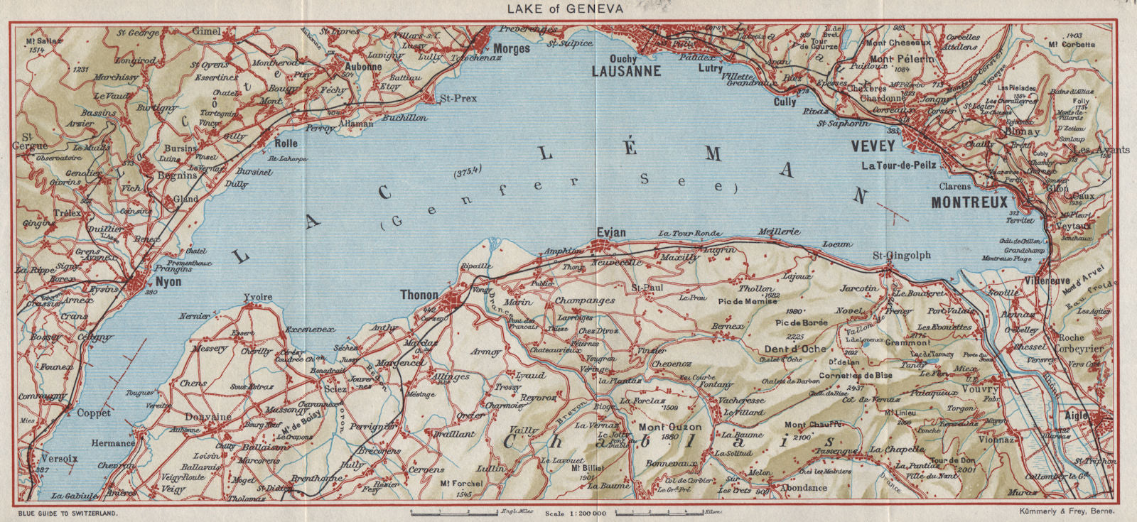 LAKE OF GENEVA. Lac Léman. Montreux Lausanne Vevy Nyon. Switzerland 1948 map